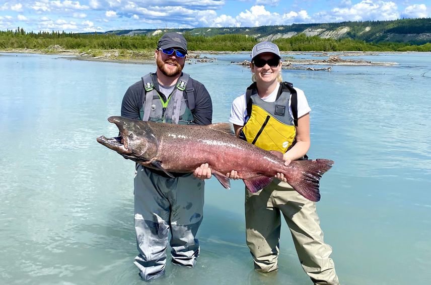 Guests with large King Salmon. Fishing Bug Charters, Copper Center, Alaska 